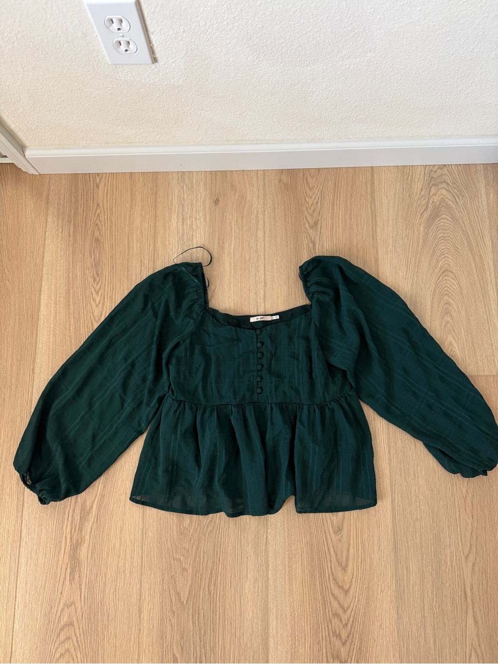 Free People Dark Green Peasant Blouse with Puff Sleeves